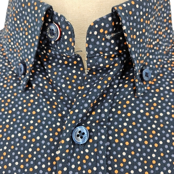 Ben Sherman Stretch Slim Fit Shirt Navy Polka Dot Short Sleeve Button Collared - Picture 3 of 8